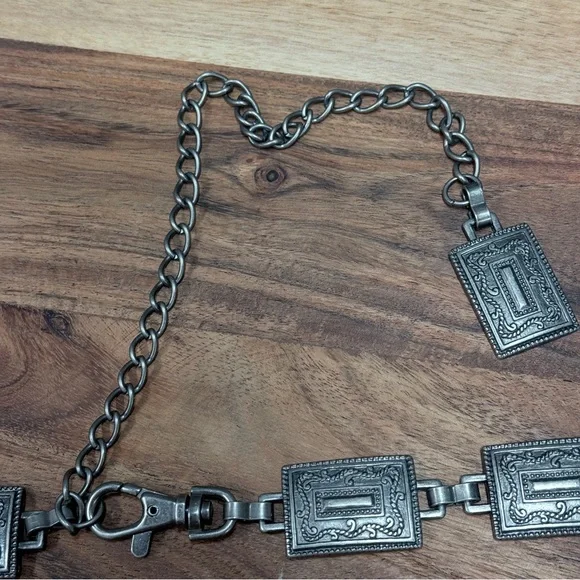 Vintage ⭐️ CONCHO Style Westeren Silver Geometric Chain Belt 37 1/2 ' Long - Picture 3 of 8